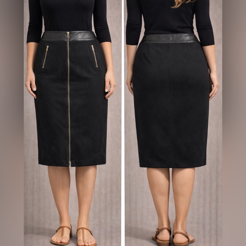 Anne Klein Black Zip-Front Pencil Skirt with Gold Zipper